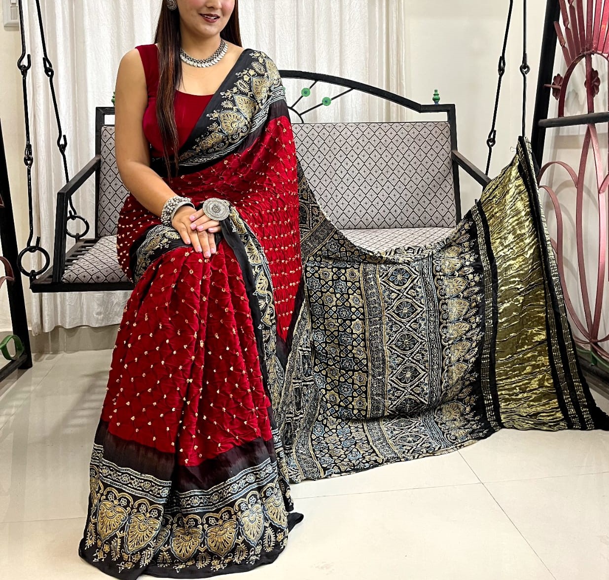 BANDHANI MODAL SILK AJRAKH PRINT ZARI PALLU SAREE