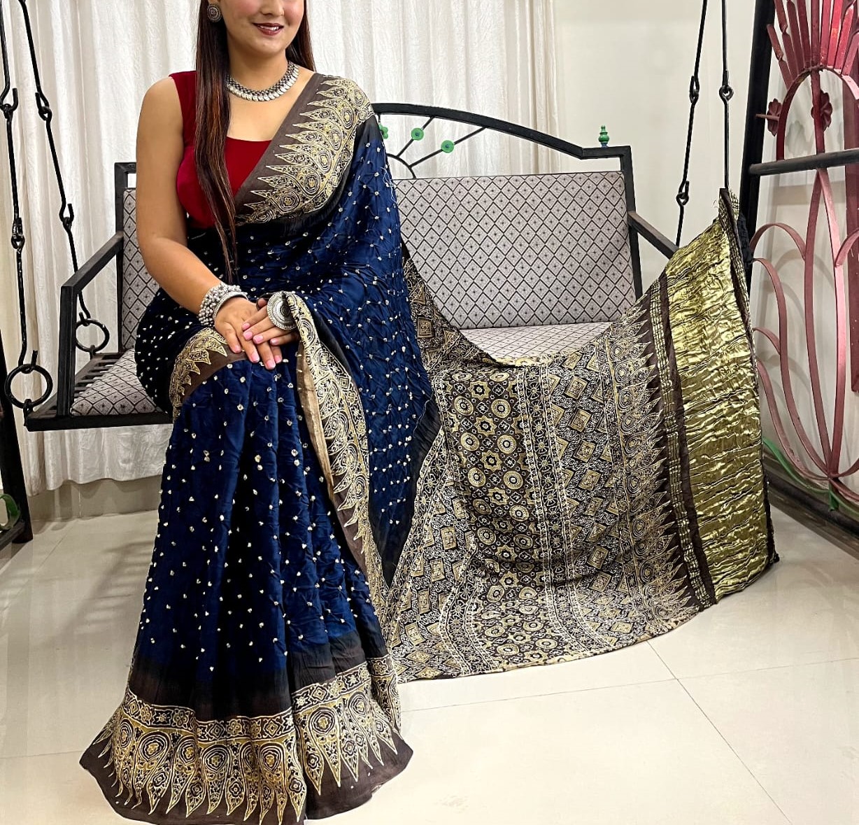 BANDHANI MODAL SILK AJRAKH PRINT ZARI PALLU SAREE