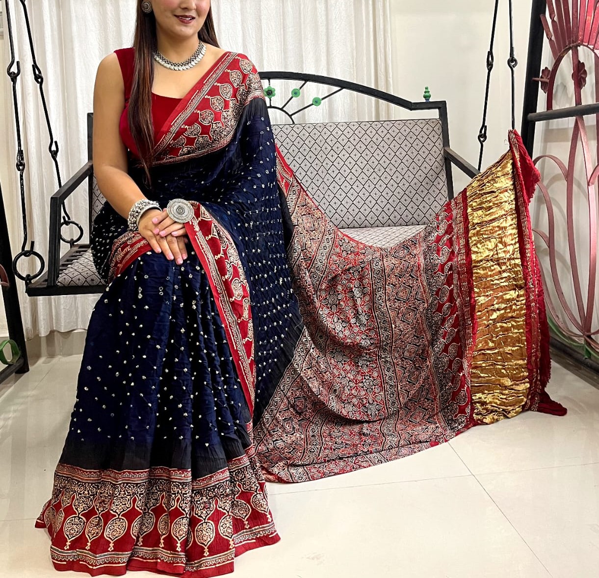 BANDHANI MODAL SILK AJRAKH PRINT ZARI PALLU SAREE