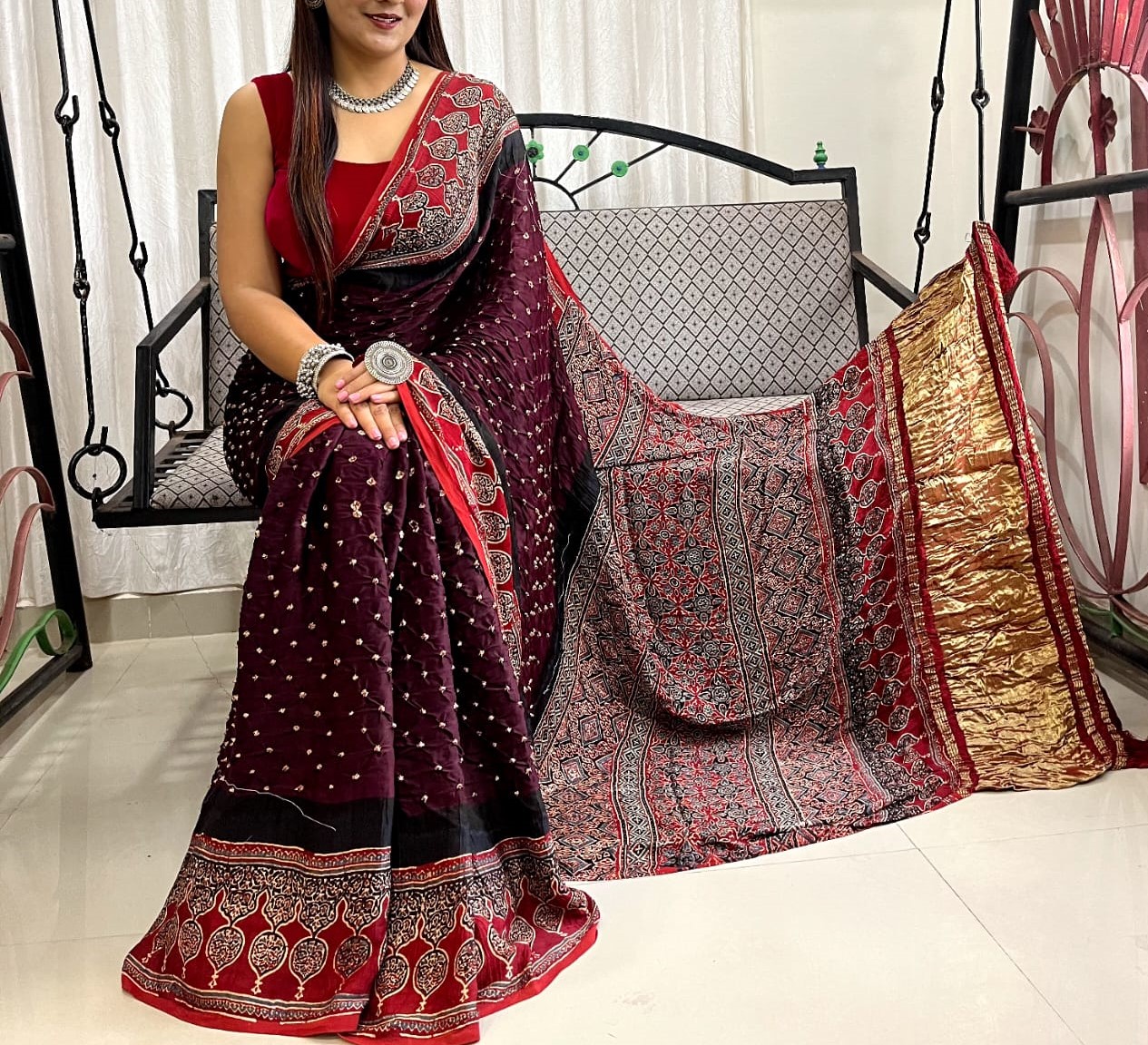 BANDHANI MODAL SILK AJRAKH PRINT ZARI PALLU SAREE