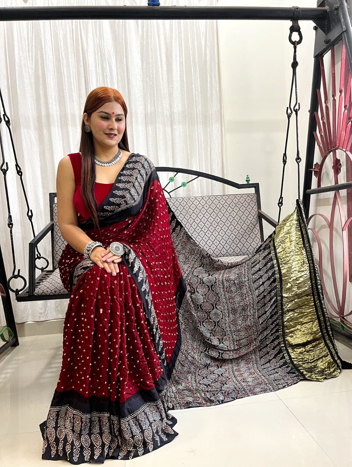 BANDHANI MODAL SILK AJRAKH PRINT ZARI PALLU SAREE