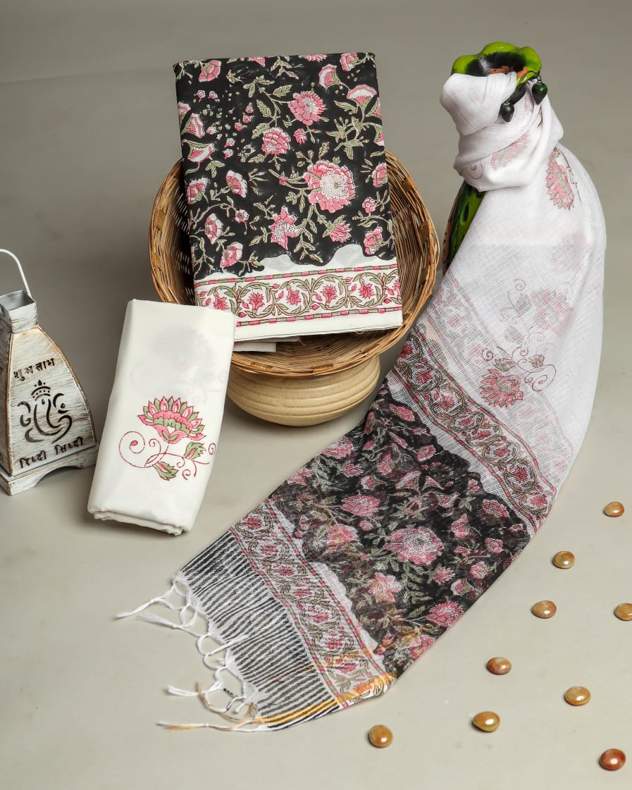 HAND BLOCK PRINTED COTTON SUIT WITH KOTA DORIA DUPATTA