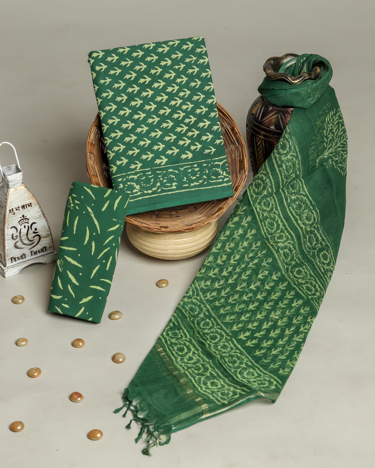 HAND BLOCK PRINTED COTTON SUIT WITH KOTA DORIA DUPATTA