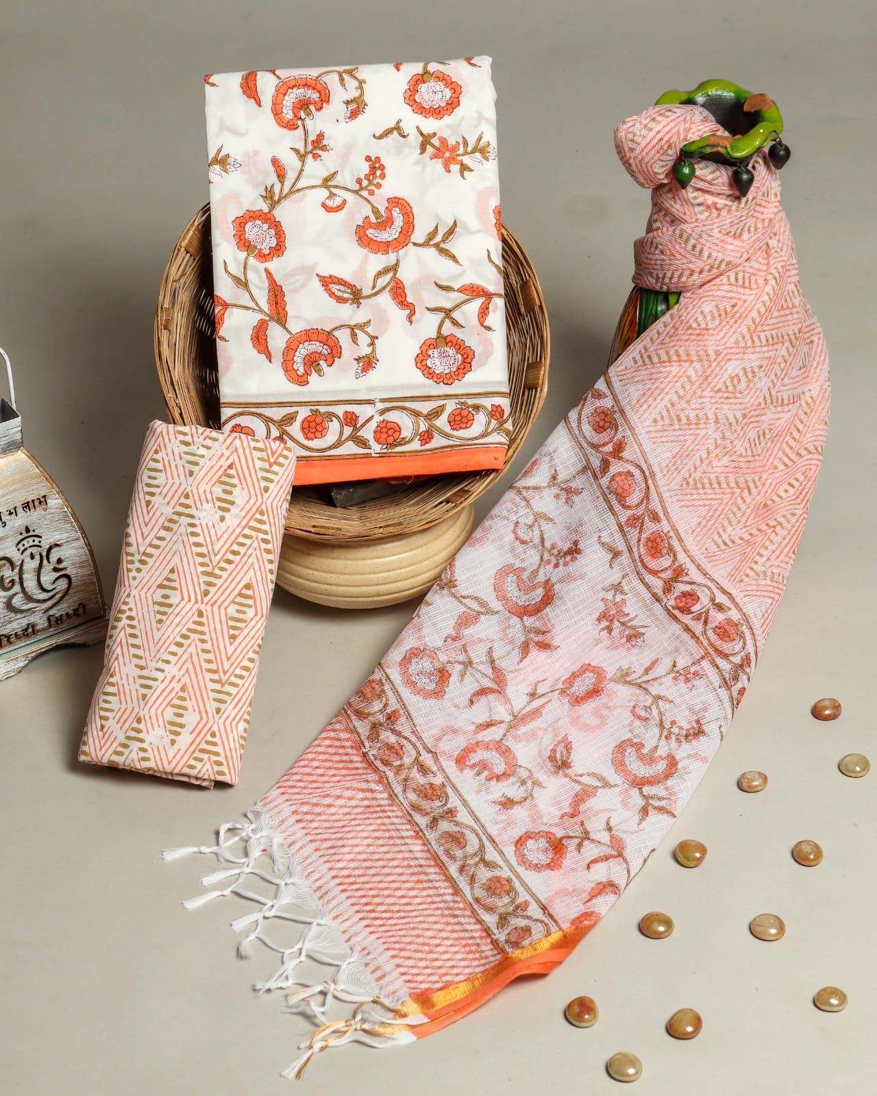 HAND BLOCK PRINTED COTTON SUIT WITH KOTA DORIA DUPATTA