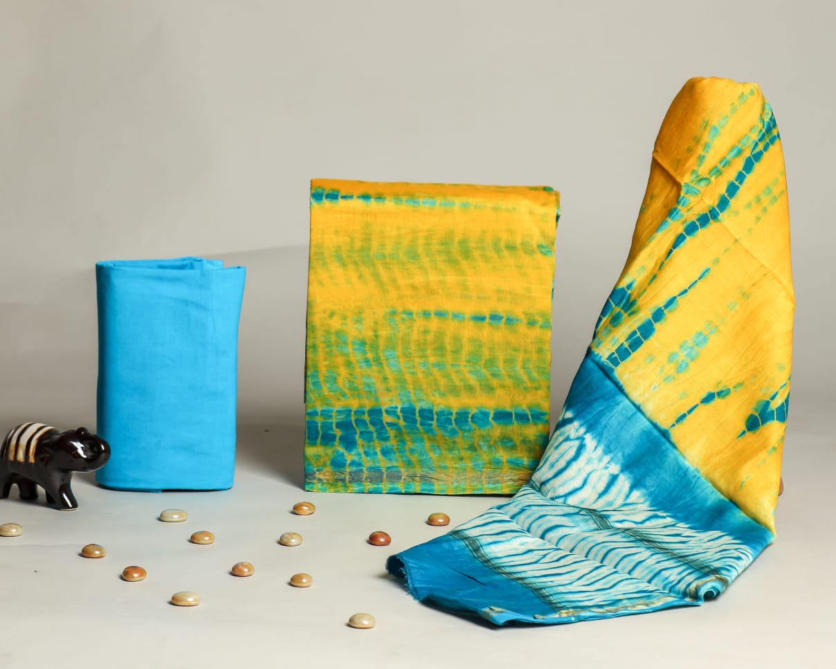 HAND BLOCK PRINTED CHANDERI SILK DRESS MATERIAL