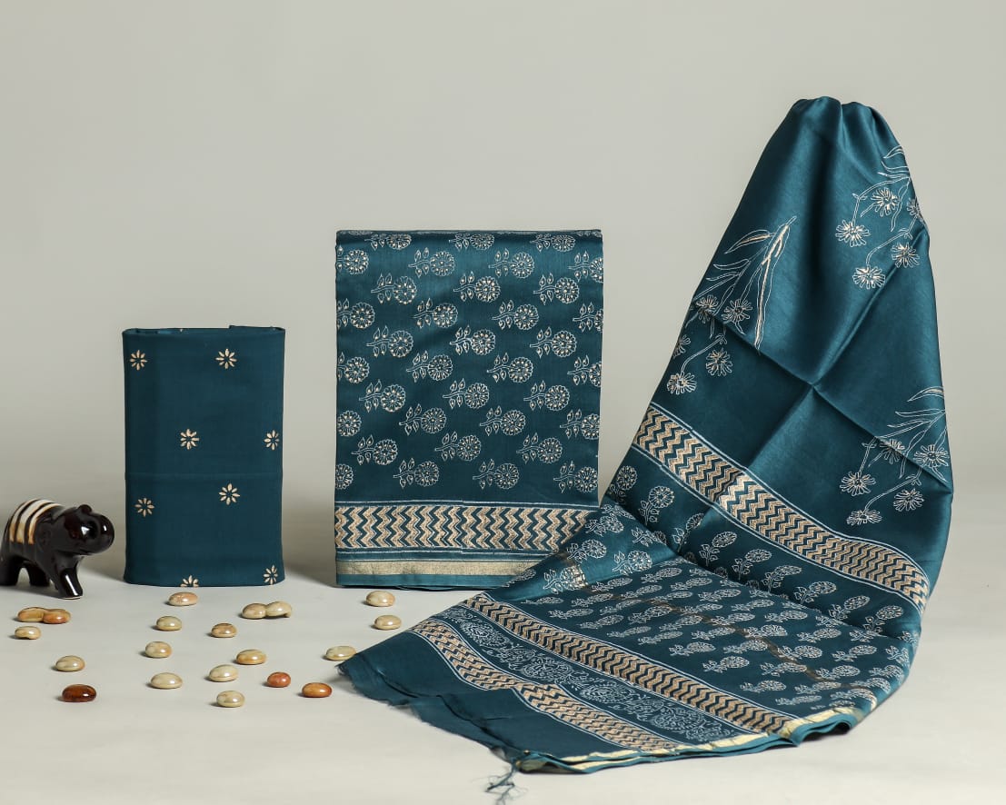 HAND BLOCK PRINTED CHANDERI SILK DRESS MATERIAL