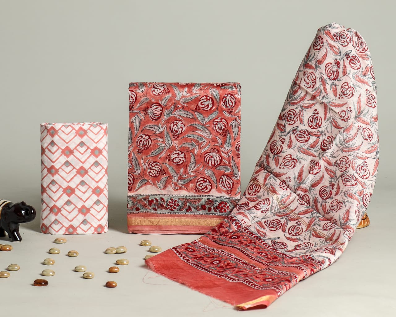 HAND BLOCK PRINTED CHANDERI SILK DRESS MATERIAL
