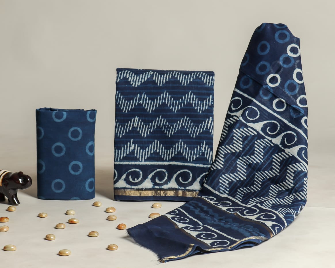 HAND BLOCK PRINTED CHANDERI SILK DRESS MATERIAL