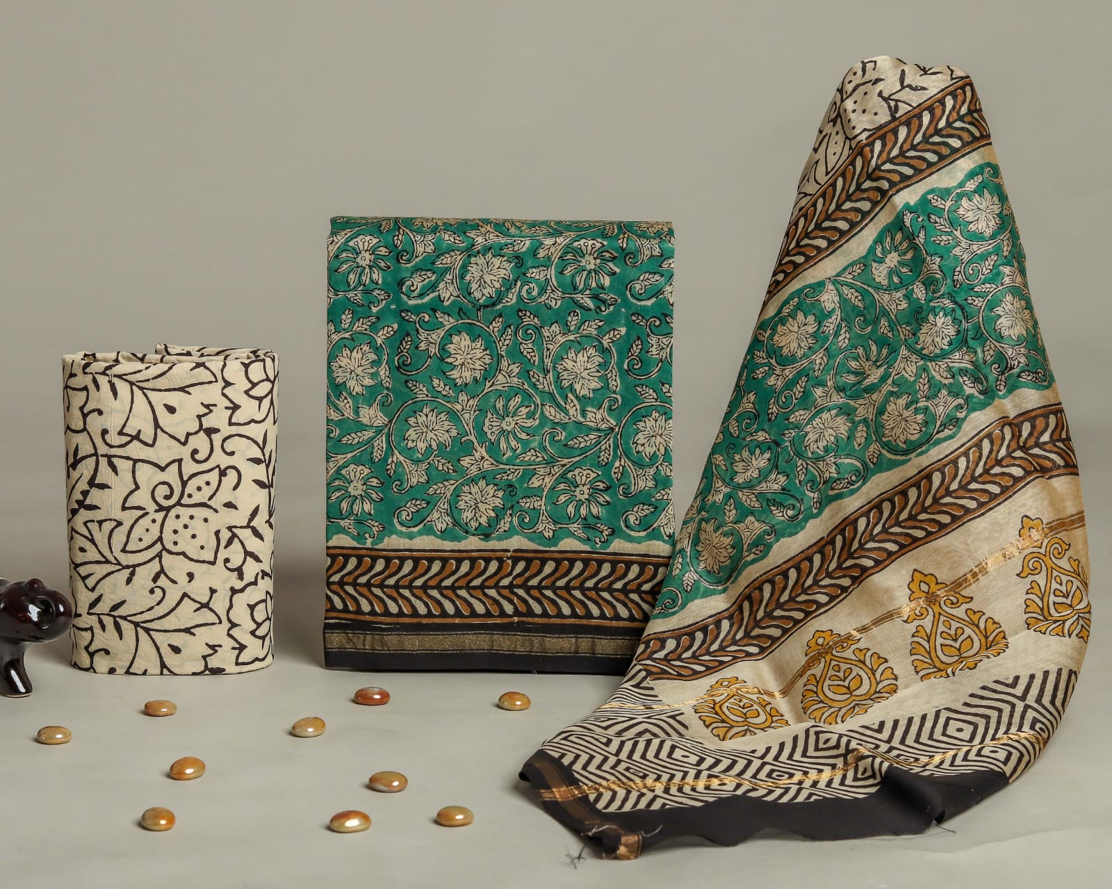 HAND BLOCK PRINTED CHANDERI SILK DRESS MATERIAL