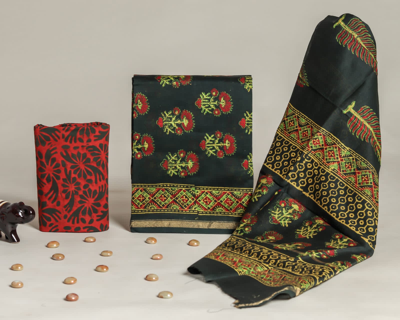HAND BLOCK PRINTED CHANDERI SILK DRESS MATERIAL