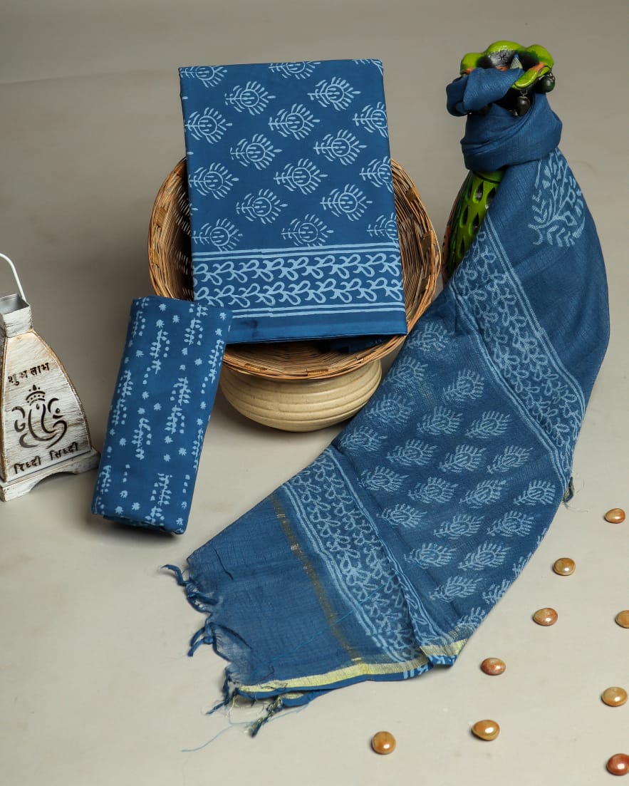 HAND BLOCK PRINTED COTTON SUIT WITH KOTA DORIA DUPATTA