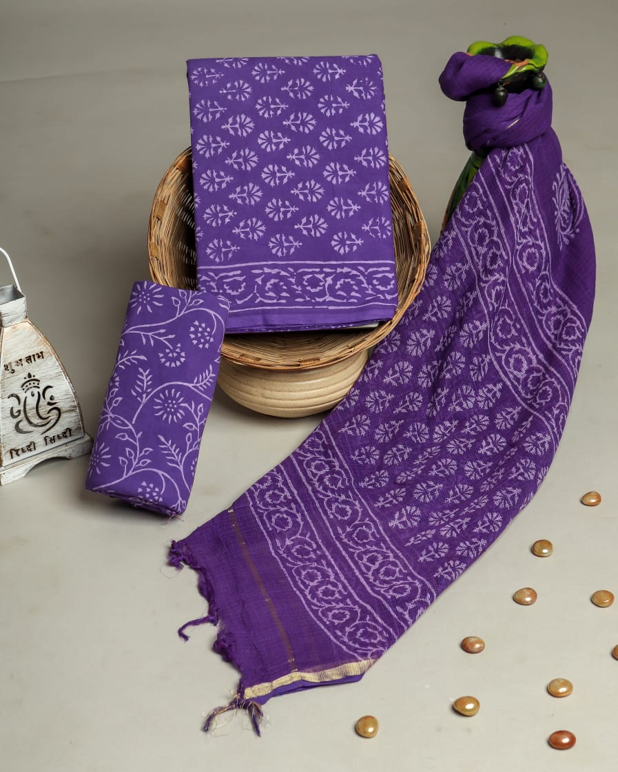 HAND BLOCK PRINTED COTTON SUIT WITH KOTA DORIA DUPATTA