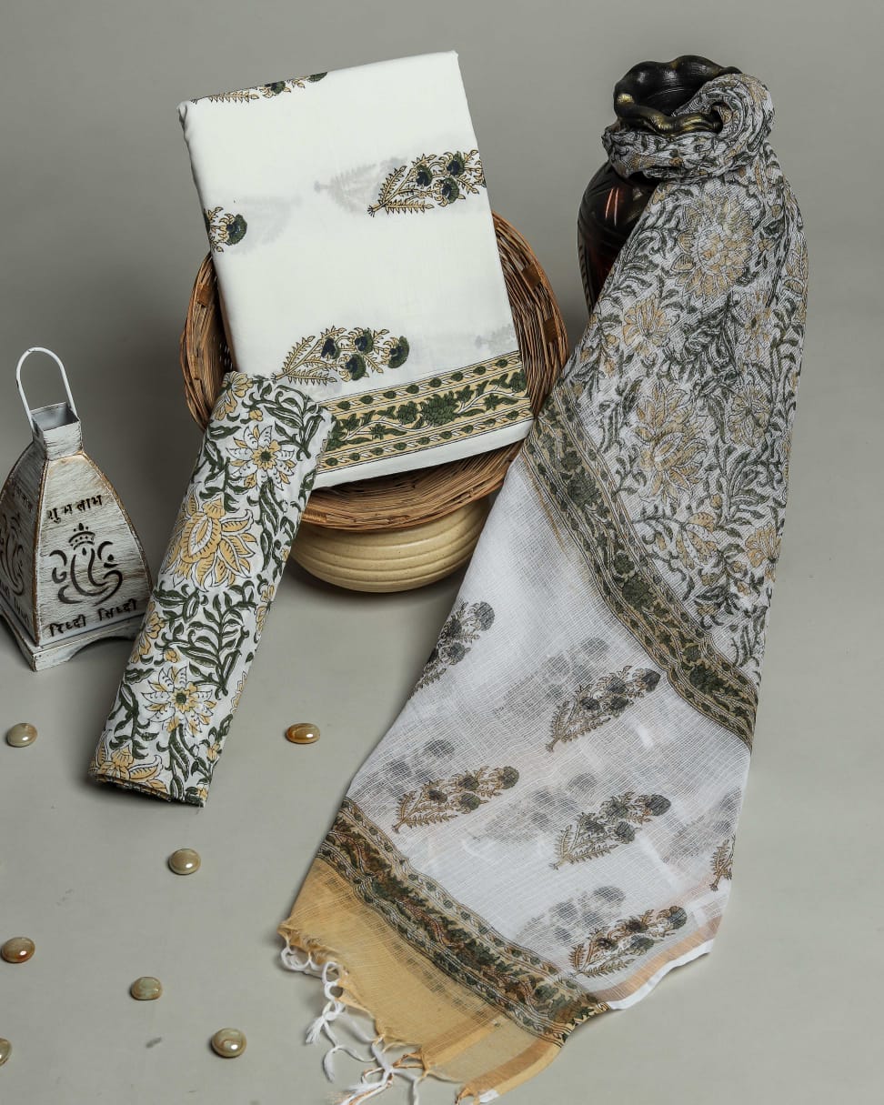 HAND BLOCK PRINTED COTTON SUIT WITH KOTA DORIA DUPATTA