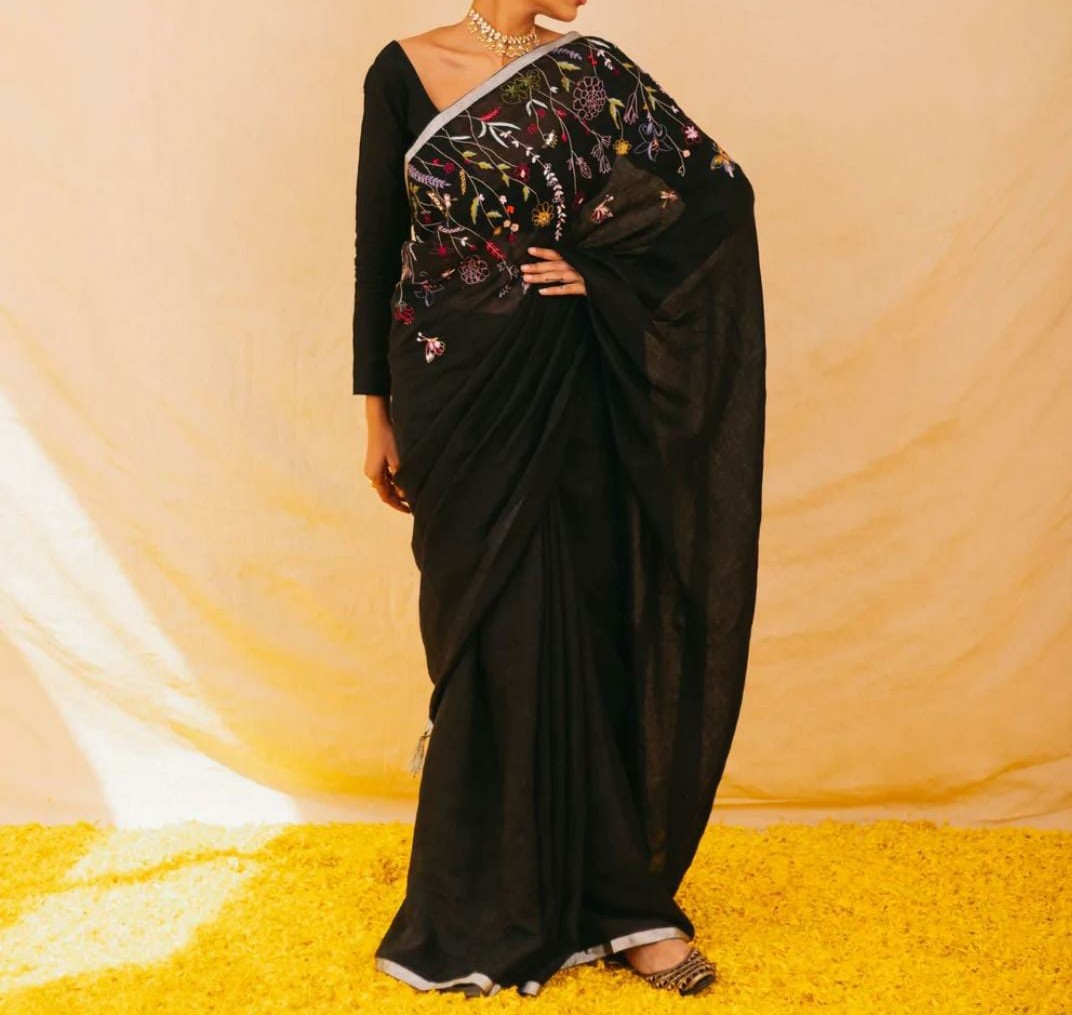 Linen French Knot Hand Embroidery Saree