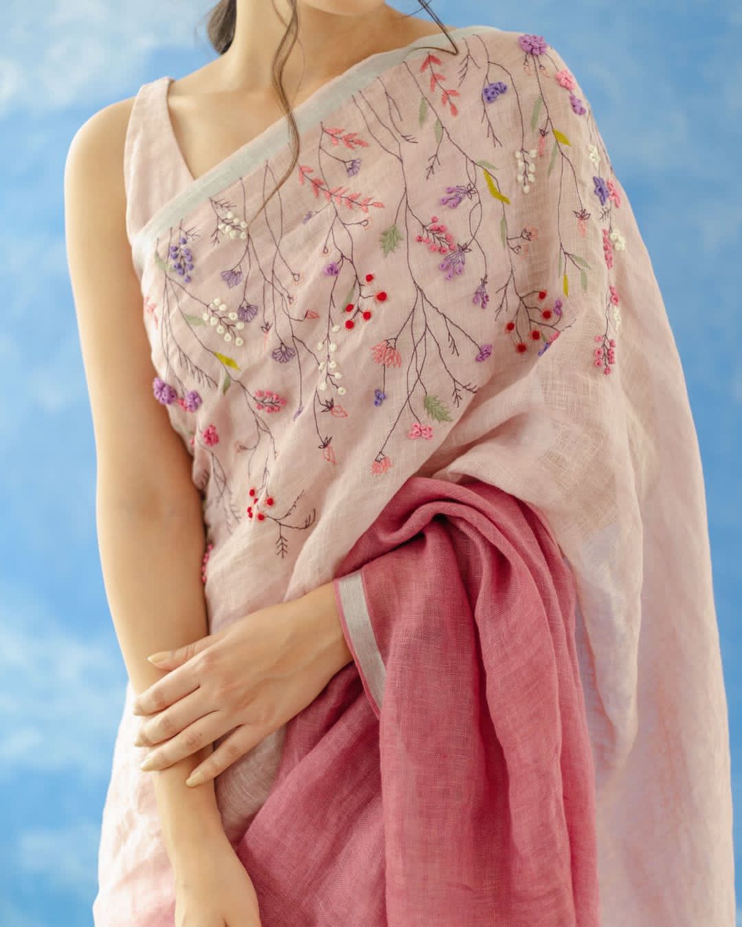Linen French Knot Hand Embroidery Saree