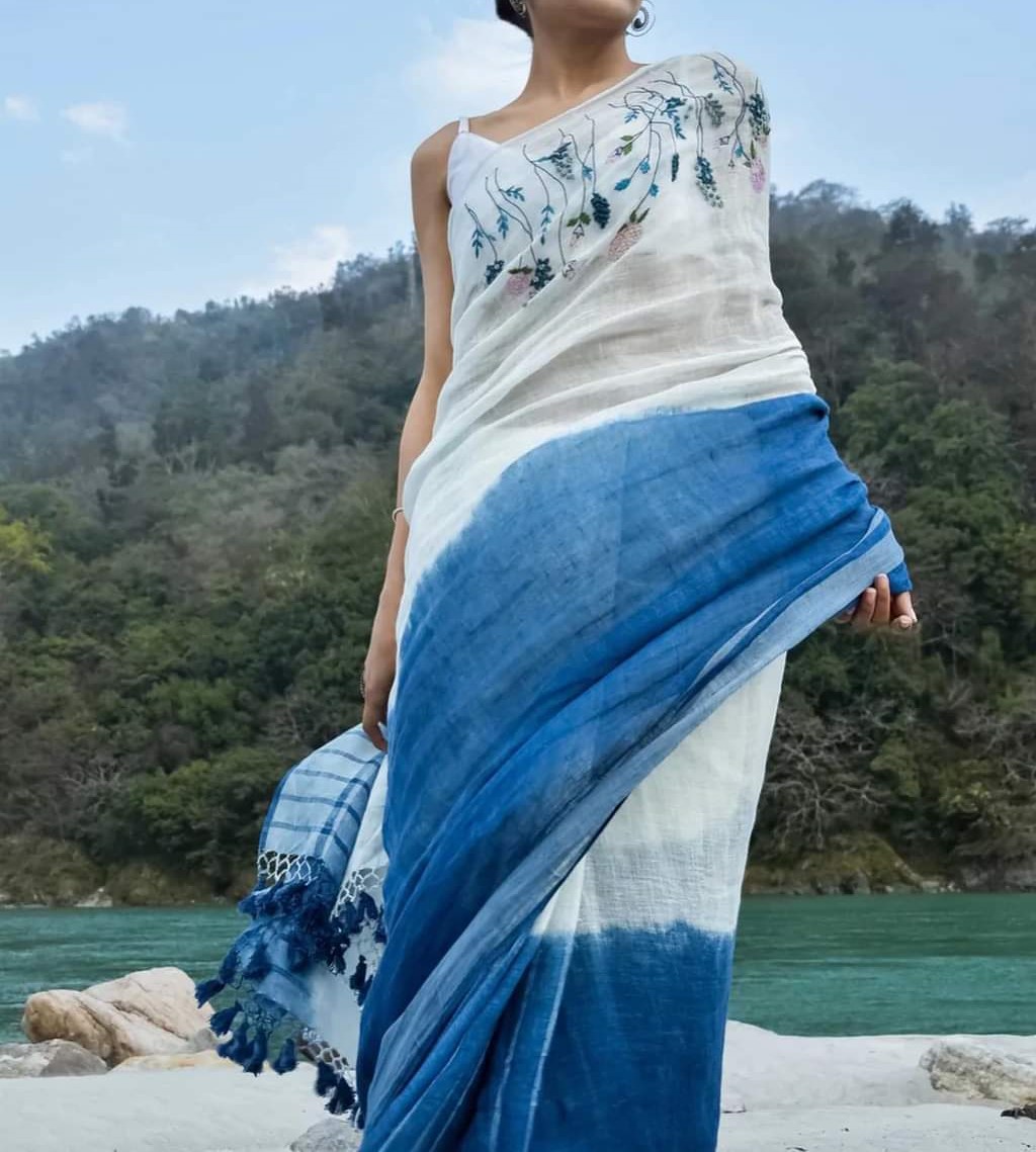 Linen French Knot Hand Embroidery Saree