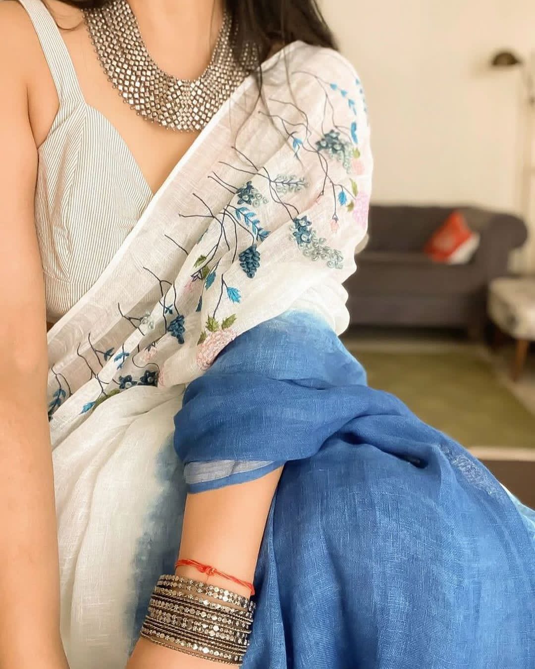 Linen French Knot Hand Embroidery Saree