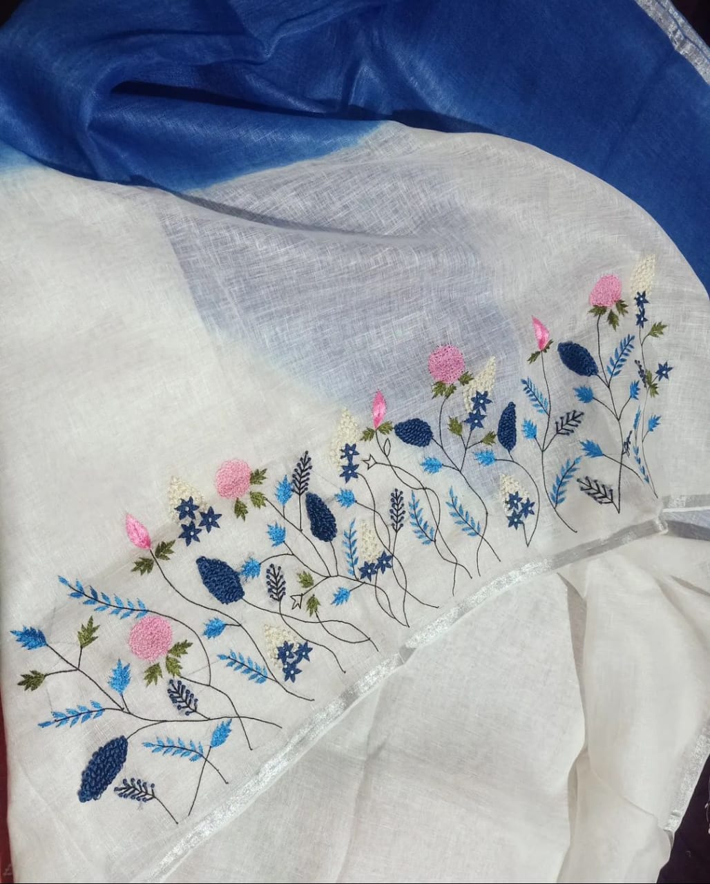 Linen French Knot Hand Embroidery Saree
