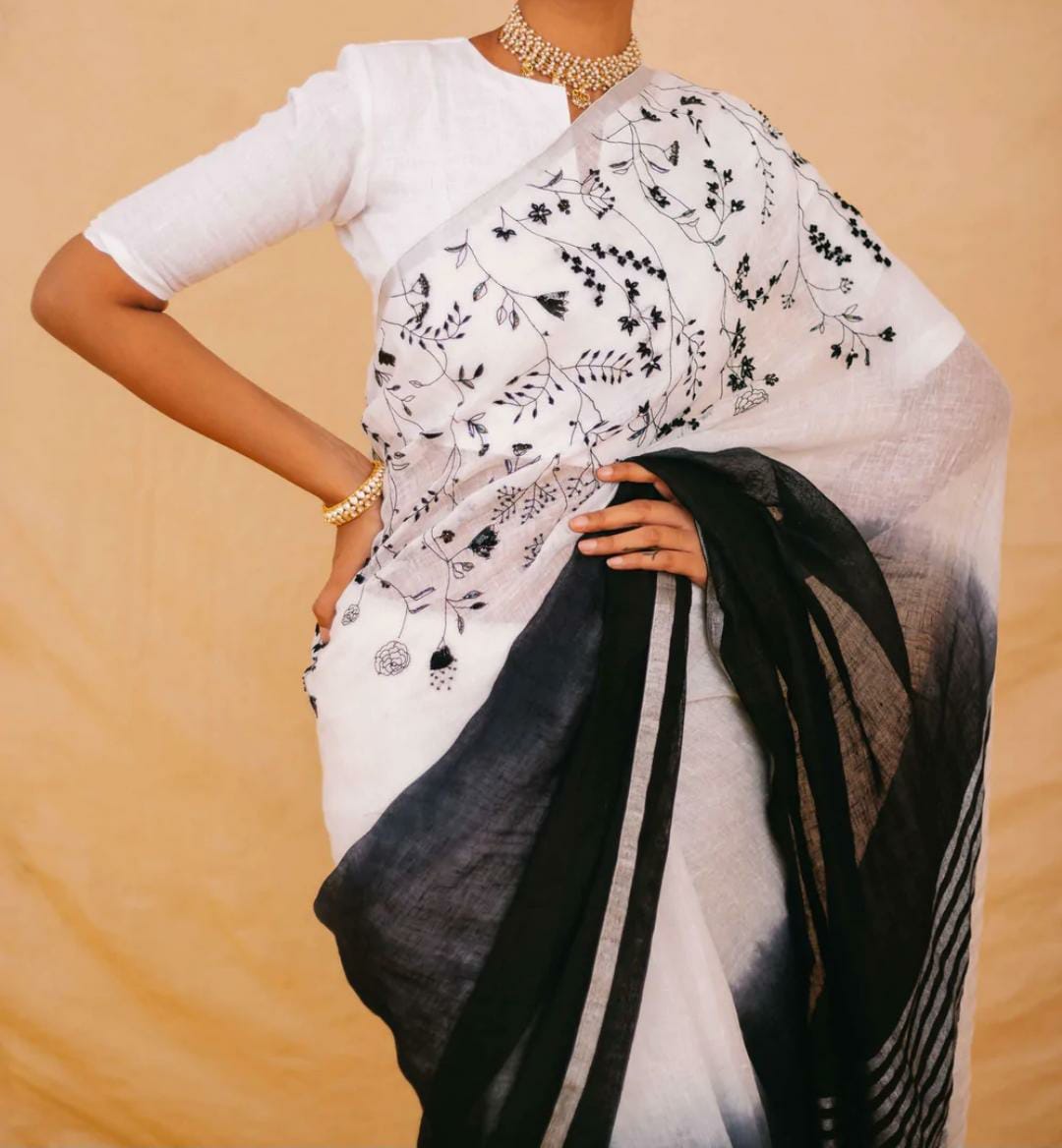 Linen French Knot Hand Embroidery Saree