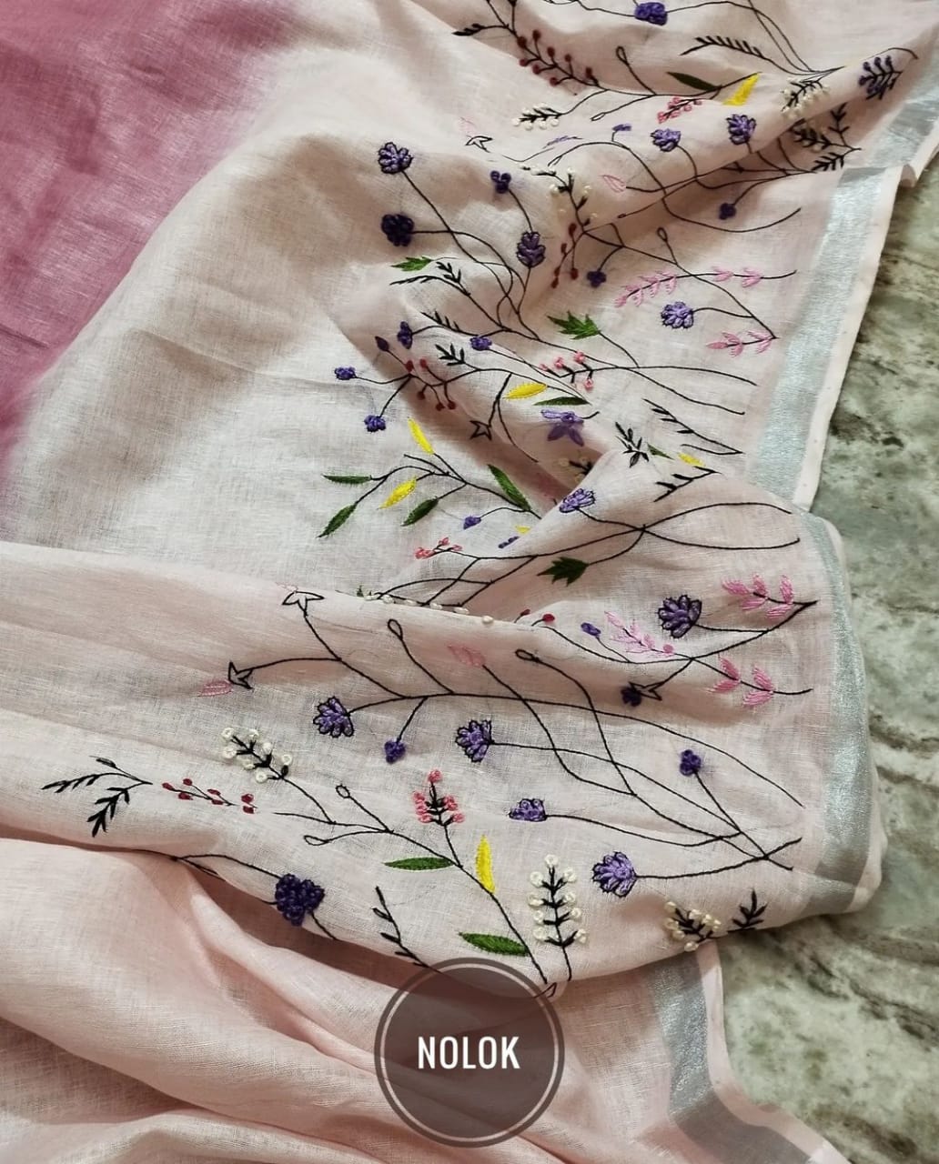 Linen French Knot Hand Embroidery Saree