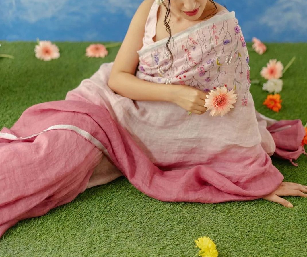 Linen French Knot Hand Embroidery Saree
