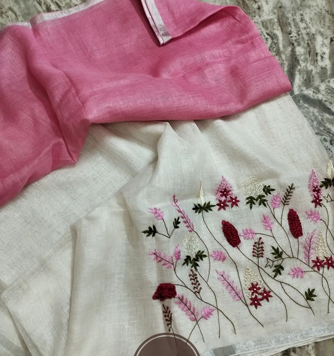 Linen French Knot Hand Embroidery Saree