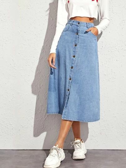Women Blue Solid A-Line Denim Skirt
