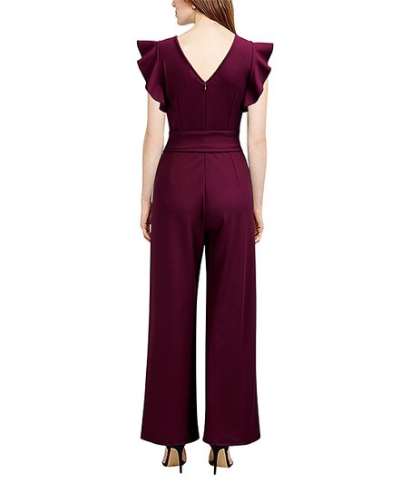 Burgundy Ruffle Tie Waist Flutter-Sleeve Jumpsuit