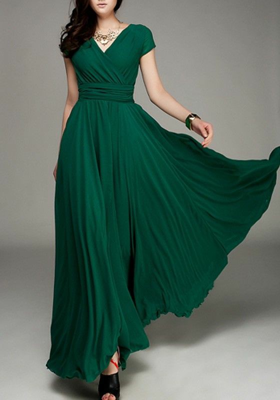 Solid Green Long Maxi Dress