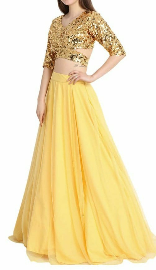 Sequin Tulle Yellow Long Skirt and Crop Top