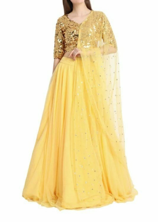 Sequin Tulle Yellow Long Skirt and Crop Top