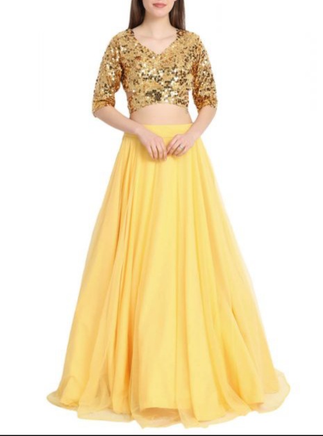 Sequin Tulle Yellow Long Skirt and Crop Top