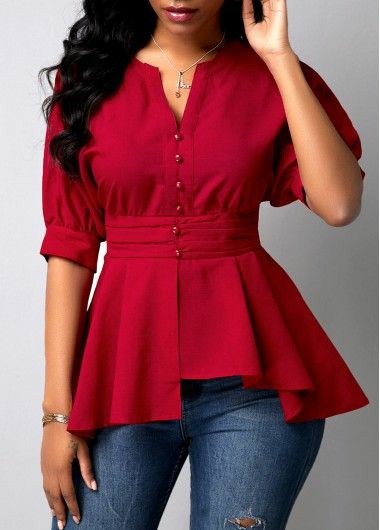 Peplum Waist Wine Red Button Details Tops