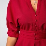 Peplum Waist Wine Red Button Details Tops