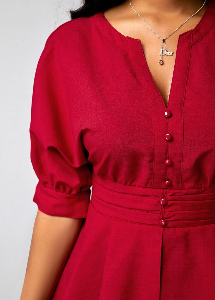 Peplum Waist Wine Red Button Details Tops