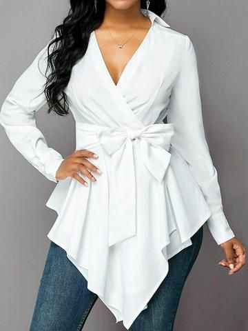 Asymmetric Hem Long Sleeve Belted Top