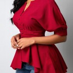 Peplum Waist Wine Red Button Details Tops