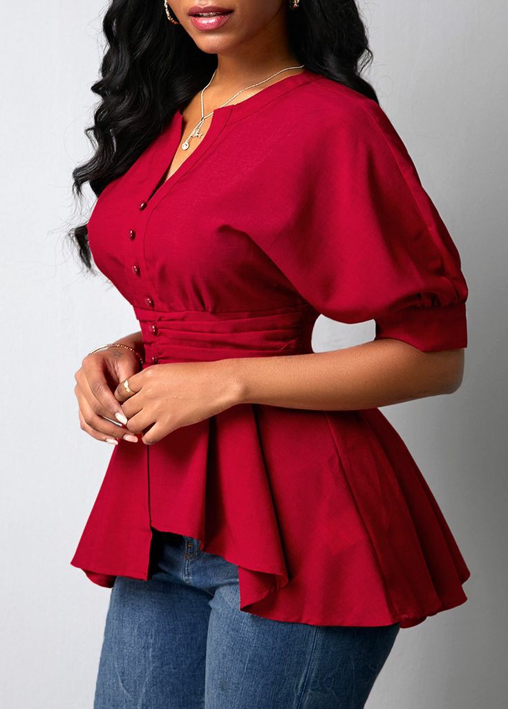 Peplum Waist Wine Red Button Details Tops
