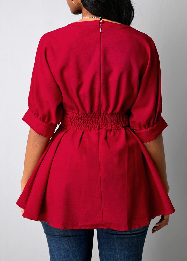 Peplum Waist Wine Red Button Details Tops