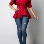Peplum Waist Wine Red Button Details Tops