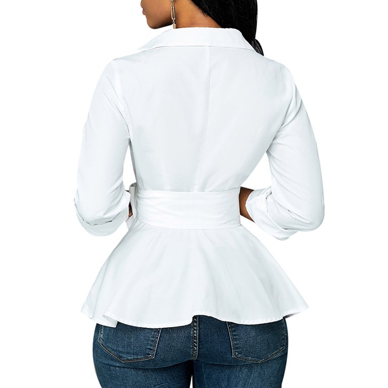 Asymmetric Hem Long Sleeve Belted Top
