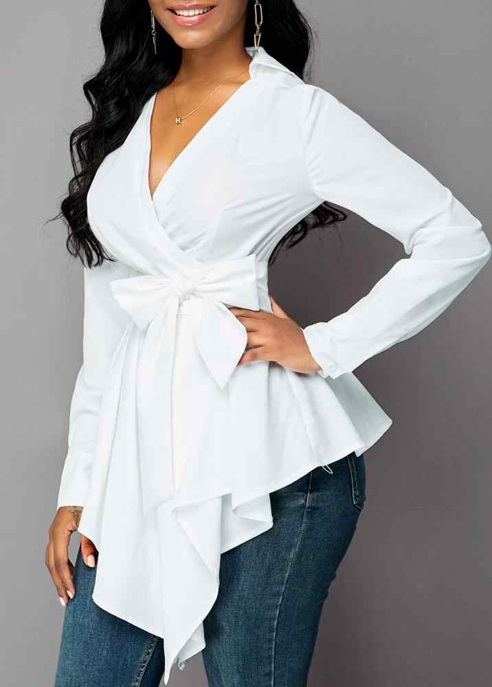 Asymmetric Hem Long Sleeve Belted Top